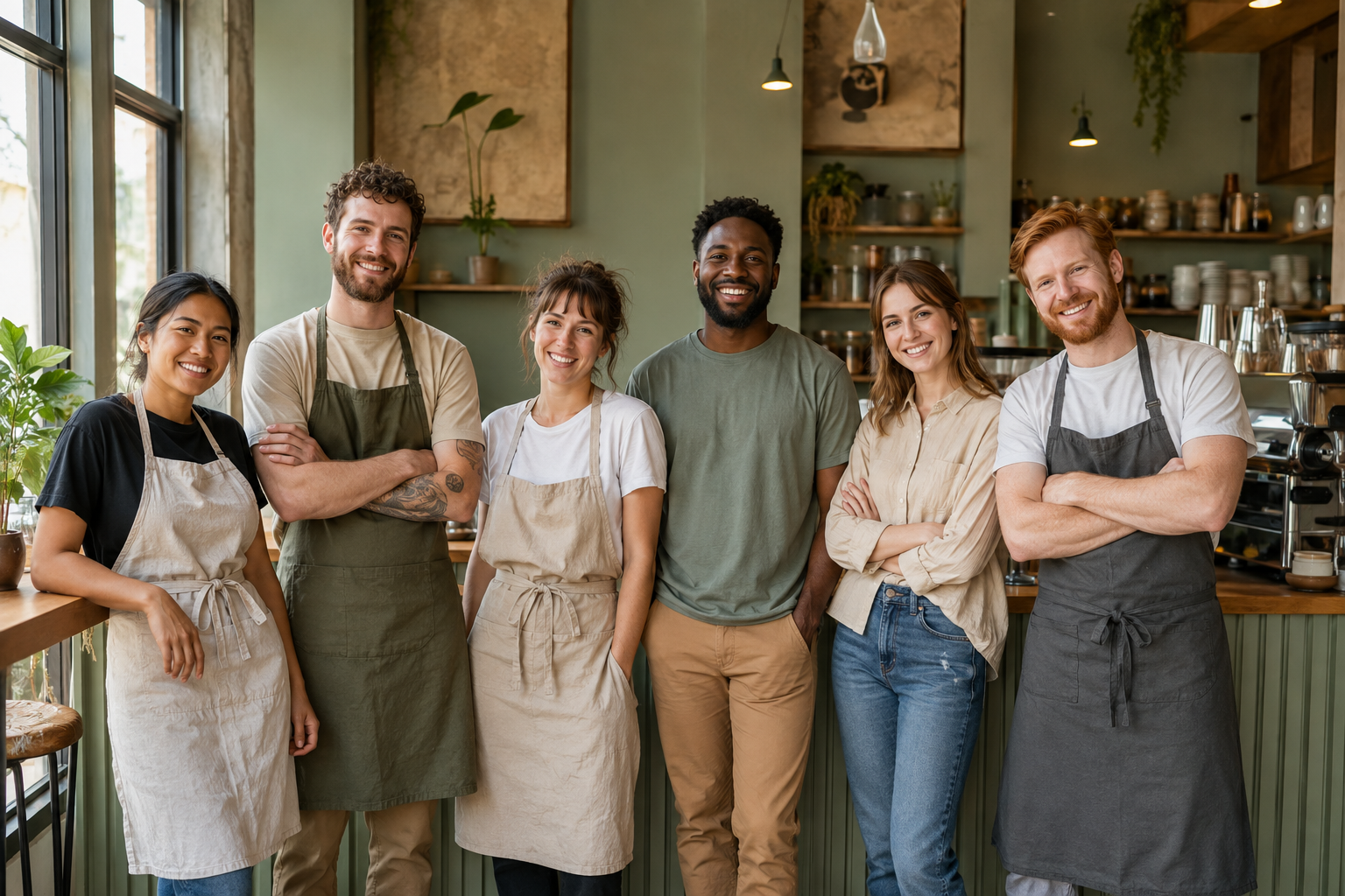 AI-generated example image of a six-person café team